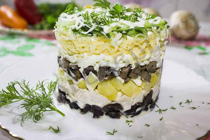 Салат с курицей, грибами шампиньонами и огурцами — 9 простых рецептов вкусных праздничных салатов