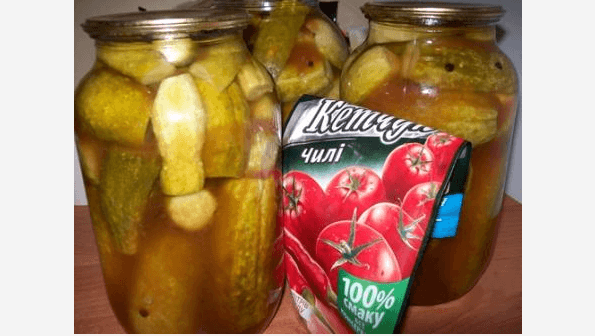 Огурцы с кетчупом чили на зиму в литровых банках: рецепт с фото